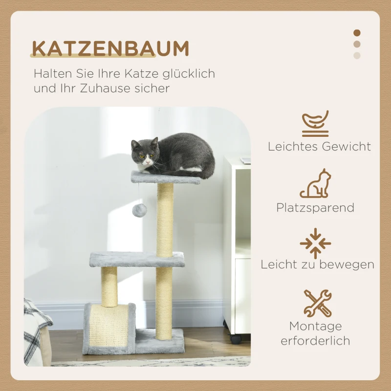 PawHut Krabpaal 72 cm Kattentoren met Pluche Ballen, Sisalpalen, Platform, Klimmat Lichtgrijs