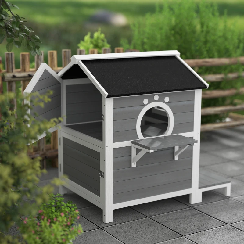 PawHut Buitenkattenhuis met Weerbestendig Dak, Venster, Balkon, Uitneembare Bodem, 2 Niveaus, voor 1-2 Katten, Grijs