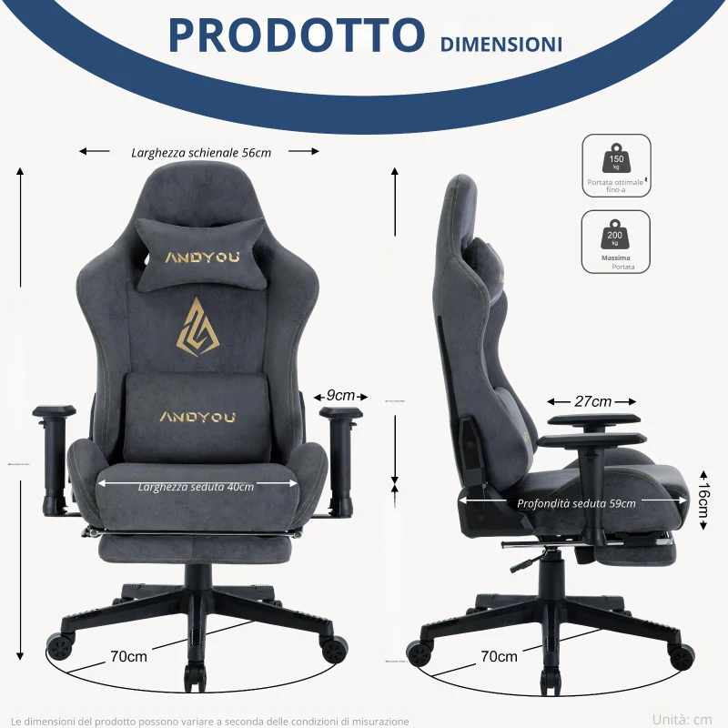Sedia gaming con poggiapiedi, in similvelluto traspirante, regolabile in altezza con molla a gas, girevole, 70x70x135 cm, Grigio