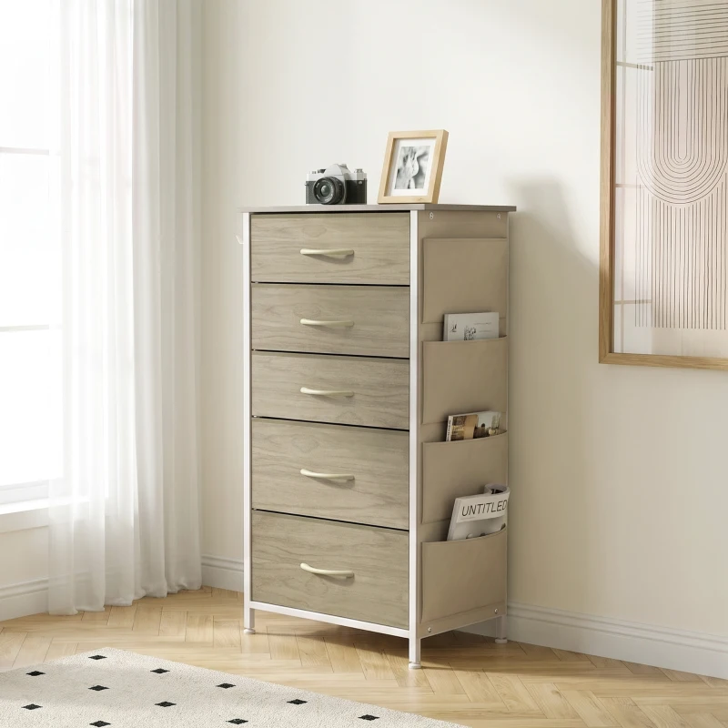 HOMCOM Chest of Drawers, Dresser with 5 Fabric Drawers, Tall Storage Unit with 4 Pockets and 2 Hooks Steel Frame, Natural Wood