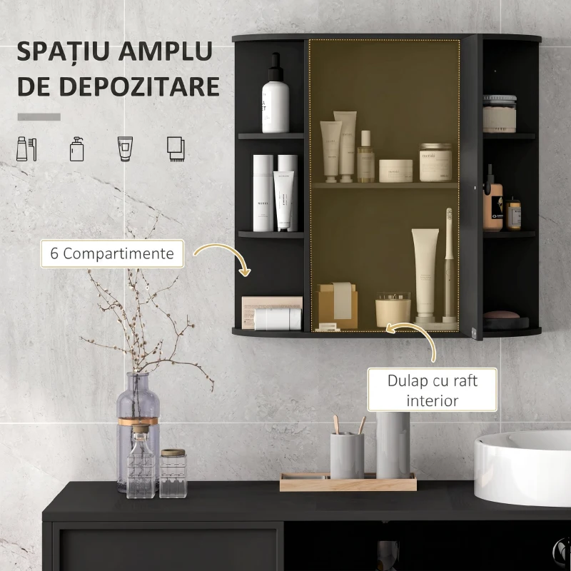 Homcom Dulapior Baie cu Oglinda – Lemn Alb 66×17×63 cm