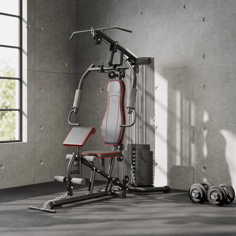 HOMCOM Fitnessapparaat voor thuis, Trainingsstation, Halterbank, Borstpers, Staal, 170x104x205 cm, Zwart