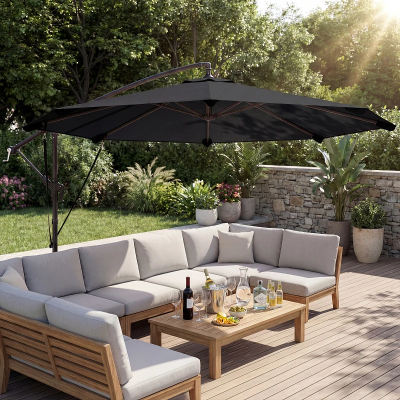 Outsunny 3 m Cantilever Parasol with Protective Cover and Wind Ropes, Banana Parasol with Crank Handle, Black