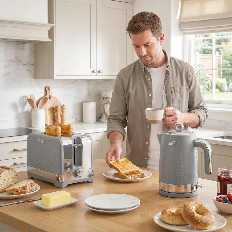 HOMCOM waterkoker- en broodroosterset, 1,7 l, 2200 W snelkook-waterkoker met thermostaat, 2-sneetjes broodrooster, grijs