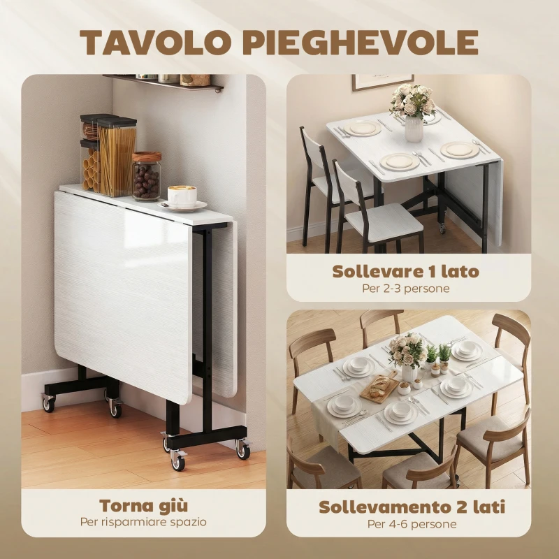 HOMCOM Tavolo Pieghevole per 4-6 Persone con 2 Ribalte e Ruote con Freno, 120x80x73 cm, Bianco Legno