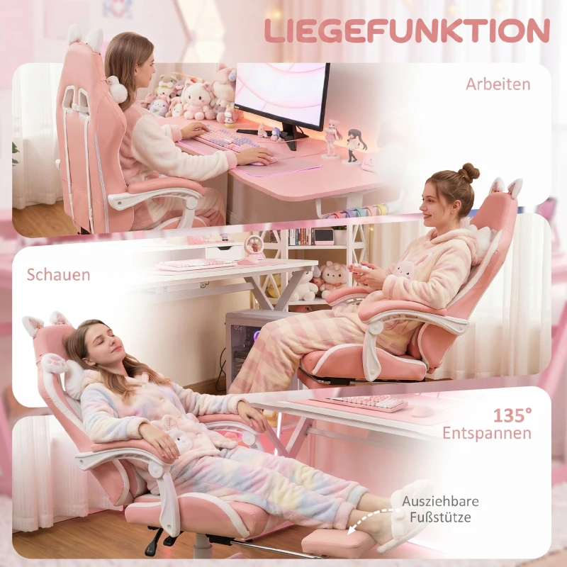 HOMCOM Gamingstoel met kattenoren, kantelbare leuning, uitschuifbare voetensteun, tot 120 kg, Roze/Wit(m-8)