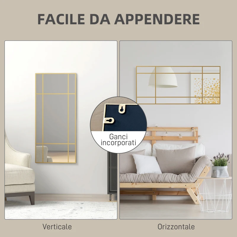 HOMCOM Specchio da Parete Stile Finestra con Montaggio Verticale e Orizzontale, 110x50cm, Oro