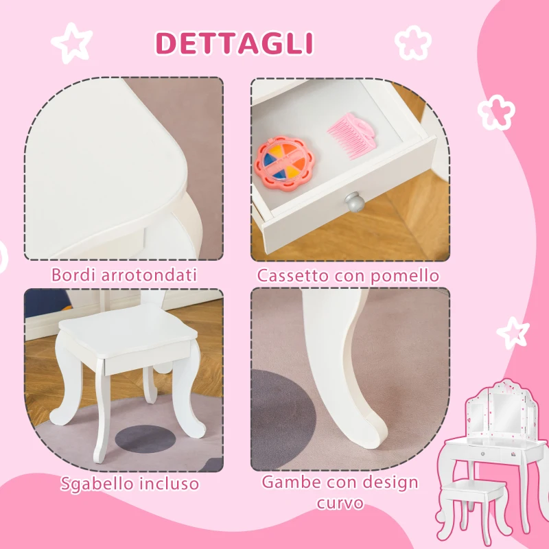 HOMCOM Toeletta per Bambini con Sgabello, Tavolo Trucco con Triplo Specchio e Cassetto, 63x40x85.5cm, Bianco