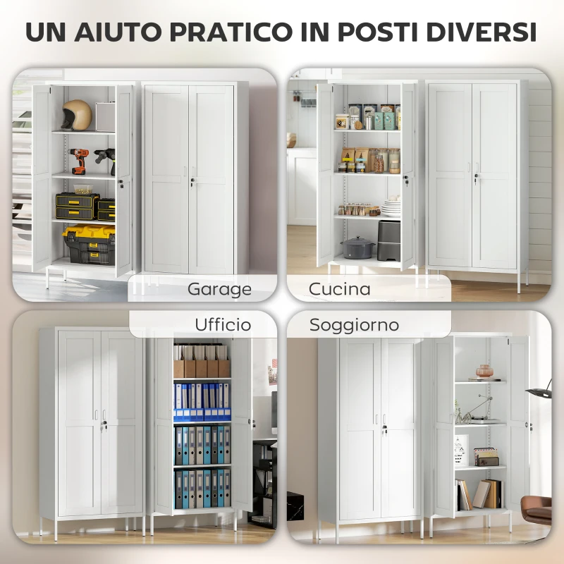 HOMCOM Armadio per Ufficio in Acciaio a 3 Ripiani Regolabili con Serratura e 2 Chiavi, 80x40x175 cm, Bianco