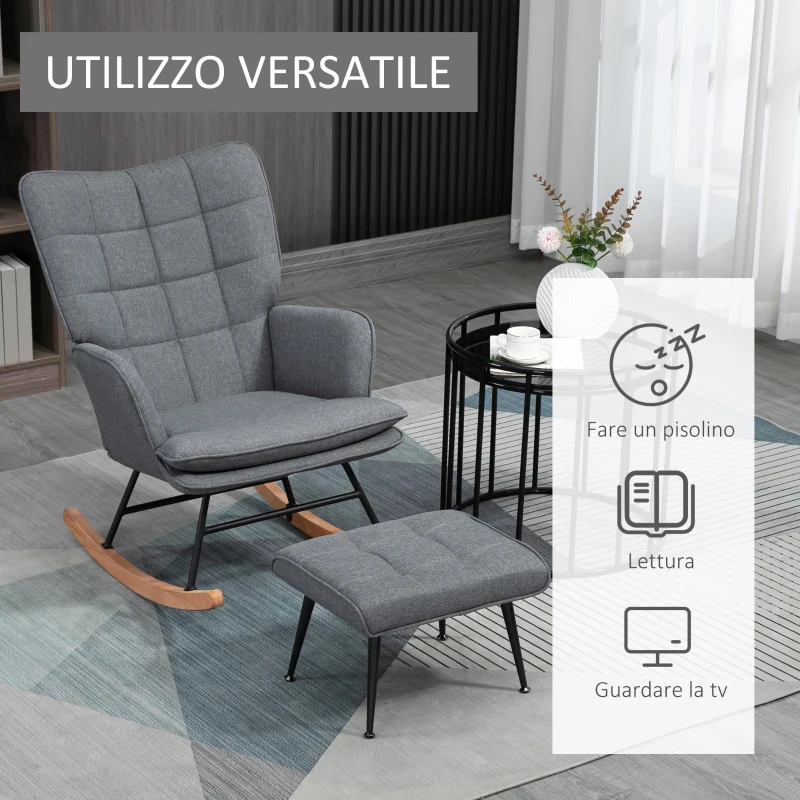 HOMCOM Sedia a Dondolo con Pouf in Tessuto Effetto Lino e Legno con Cuscino, Braccioli, Capacità 130 kg, Grigio