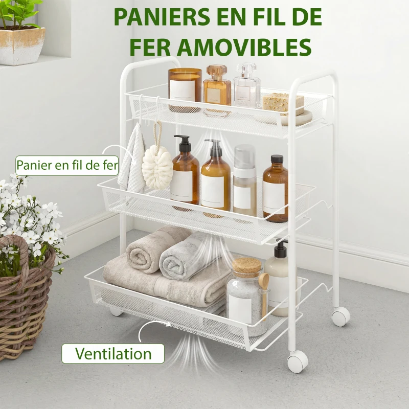 HOMCOM Chariot à 3 niveaux avec paniers desserte à roulettes chariot de rangement roulante 45 x 26,5 x 63 cm blanc