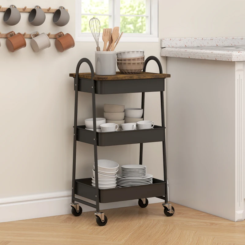 HOMCOM 3-Tier Kitchen Storage Trolley with on Wheels Cover Top Board - Rustic Brown and Black