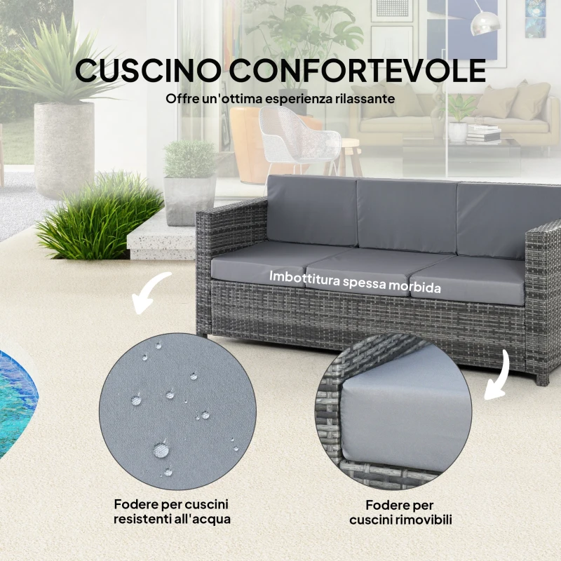 Outsunny Divano da Esterno 3 Posti in Rattan PE e Metallo con Cuscini per Seduta e Schienale, 185x70x80 cm, Grigio