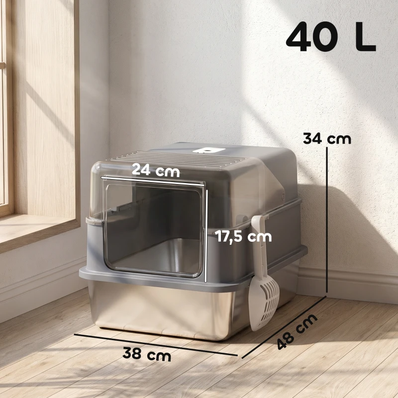 PawHut Katzentoilette aus Edelstahl M, geschlossen 2-in-1, abnehmbare Haube, hoher Rand, Schaufel, leicht zu reinigen, Grau