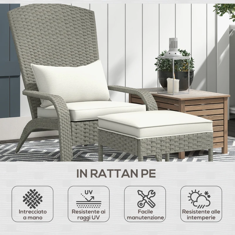 Outsunny Sedia da Giardino con Poggiapiedi e Cuscini Imbottiti, in Rattan e Acciaio, 64x82x89 cm, Grigio e Crema