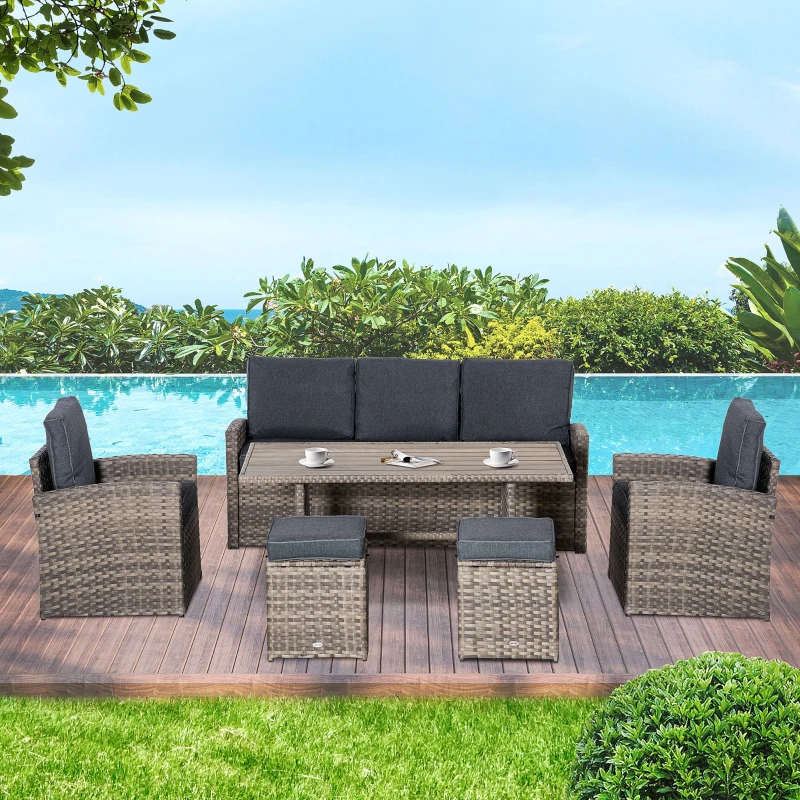 Outsunny Set Salotto da Giardino in Rattan PE con Divano 3 Posti, 2 Poltrone, 2 Sgabelli e Tavolo, Grigio