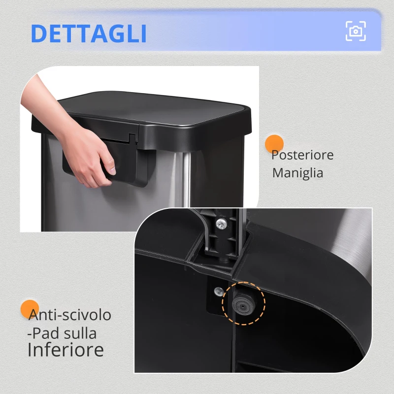 55L Cestino a pedale, coperchio a chiusura rallentata, in acciaio inossidabile, grande pattumiera, 33x39,5x65 cm, argento