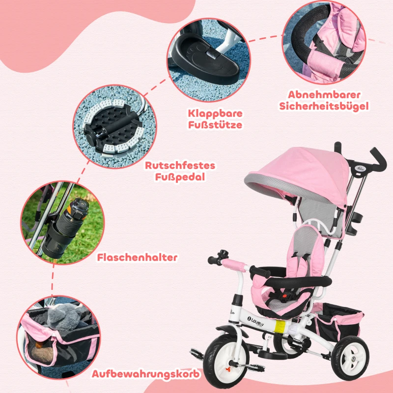 HOMCOM 6-in-1 Kinderrdriewieler met Duwstang, Zonnedak, Gordel, Mandje, voor 1-5 Jaar, Roze