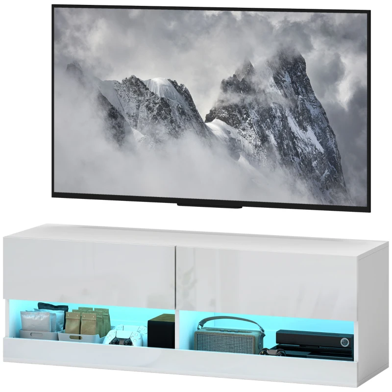 HOMCOM Hangende TV-kast met LED-verlichting, 16 knippermodi, Wandgemonteerd tv-meubel, Open schappen, 120 x 35 x 40,5 cm, Wit