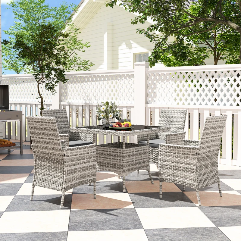 Outsunny Rattan Garden Furniture Set, Outdoor Dining Table and Chairs 4 Seater with Cushions, Square Tempered Glass Top, 4 Armchairs, for Balcony, Terrace, Conservatory, Mixed-Grey