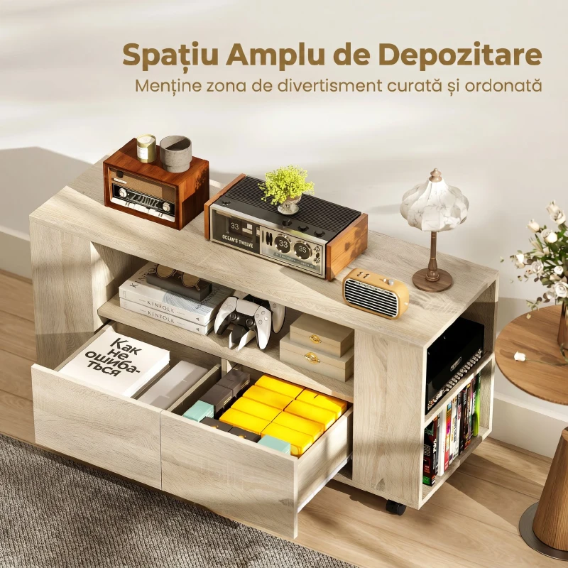 HOMCOM Dulap TV mobil pentru televizoare de până la 42", cu roți pivotante și frână, rafturi ajustabile și sertare, 102x34.5x48.5 cm, lemn