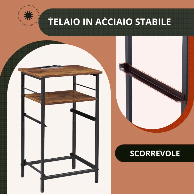 Comodino con funzione di ricarica, ampio vano portaoggetti, adatto per camera da letto, soggiorno e ufficio, 39,8x29,8x64,2 cm, Marrone