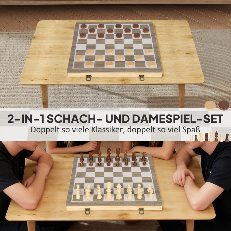SPORTNOW vouwbaar spelset, schaak en dam, compacte koffer, walnoot, accessoires
