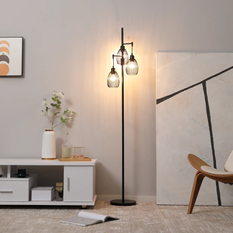 HOMCOM Lampadar Industrial cu 3 Abajururi și Intensitate Reglabilă, din Oțel, 30x30x170,5 cm, Negru