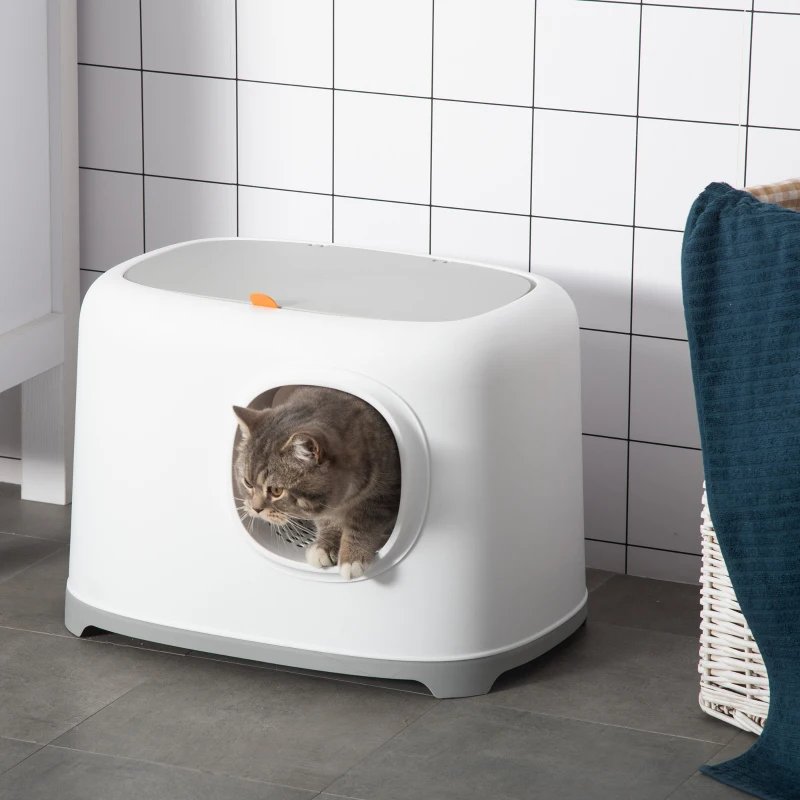 PawHut kattenbak met kap kattenbak met rooster bodemdeksel kunststof wit(m-2)