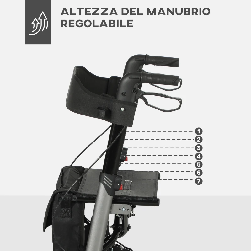 HOMCOM Deambulatore Pieghevole in Allumino ad Altezza Regolabile con Borsa, 64x67x80-92 cm, Nero e Argento