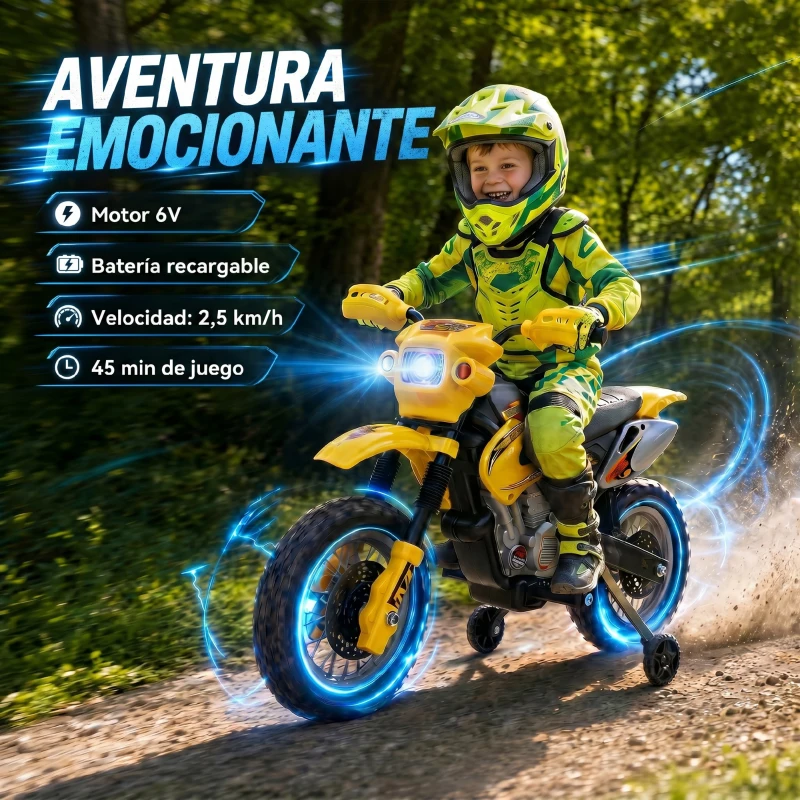 HOMCOM Moto Eléctrica para Niños con Ruedas de Apoyo Desmontables Faros y Música para Niños 3-6 Años Amarillo