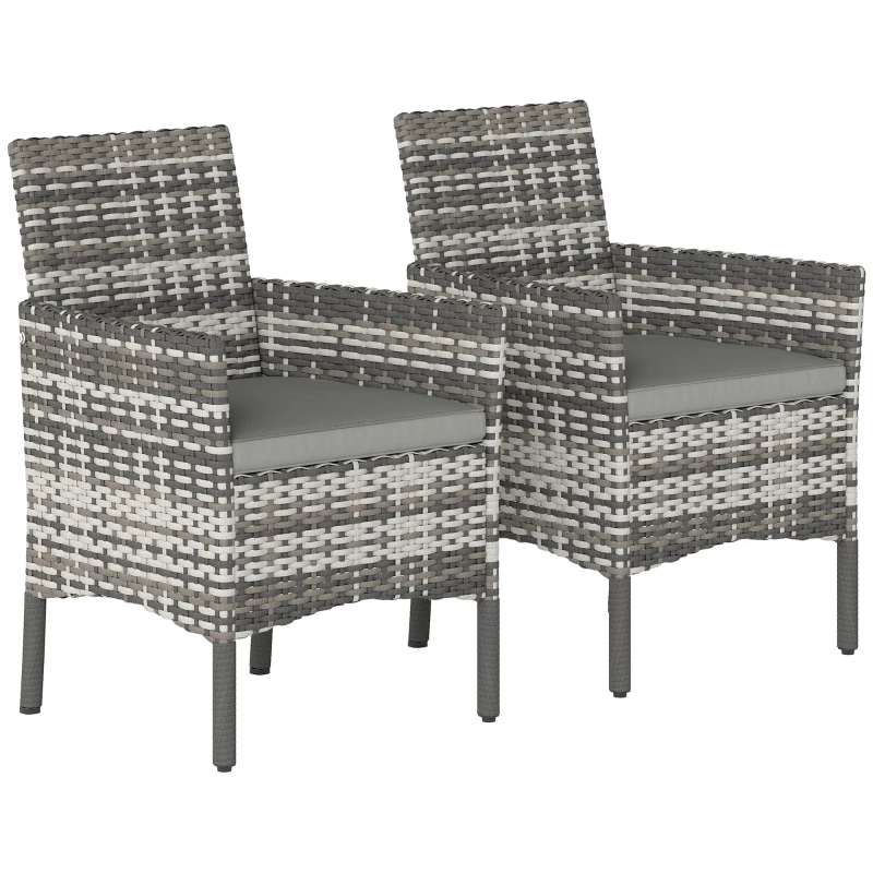 Outsunny Set de 2 Scaune de Grădină din Ratan, Scaune de Exterior cu Perne, Cotiere și Spătar Înalt, Cadru din Oțel pentru Verandă, Balcon, Lângă Piscină și Grădină, Gri