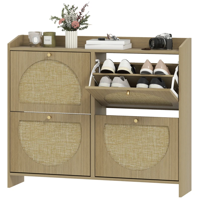 HOMCOM Zapatero Estrecho con 4 Puertas de Ratán con Estantes Ajustables para 16 Pares de Zapatos 104,5x24x88 cm Natural