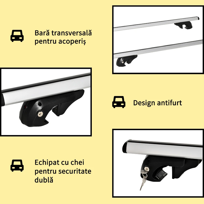 HOMCOM Bare transversale auto 135 cm, portbagaj blocabil cu 2 chei, compatibile cu șine laterale de 120 cm, argintie