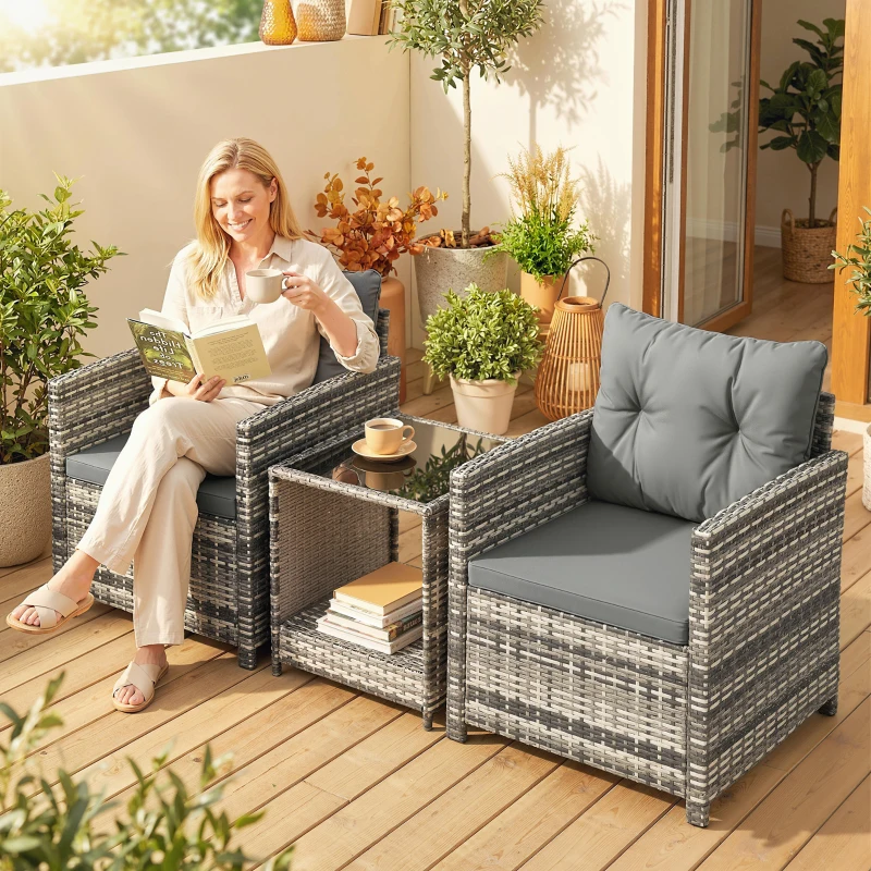 Outsunny Salon de Jardin Extérieur 3 Pièces en Résine Tressée Table et 2 Fauteuils avec Coussins, 62x65x75cm, Gris Clair