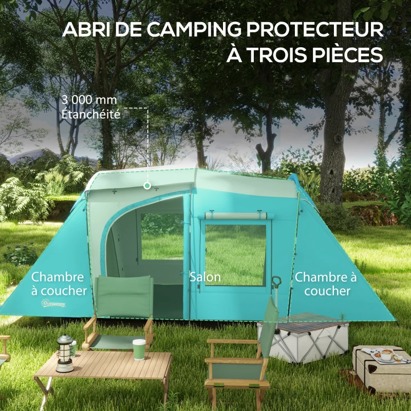 Outsunny Tente de camping familiale 3-4 personnes 2 chambres 4 portes et 4 fenêtres, sac de transport, dim. 460L x 220l x 175H cm