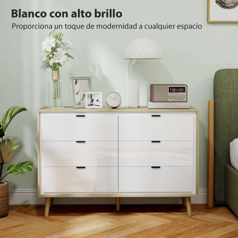 HOMCOM Cómoda 6 Cajones Cómoda Dormitorio con Patas de Madera Estilo Moderno 110x40x75 cm Blanco Brillo y Roble