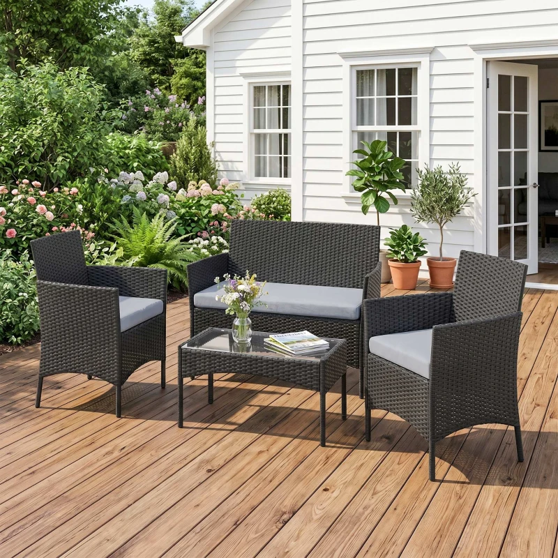 Outsunny 4 Piece Rattan Garden Furniture Sofa Set with Loveseat, Armchairs, Glass-Top Coffee Table and Cushions, Black