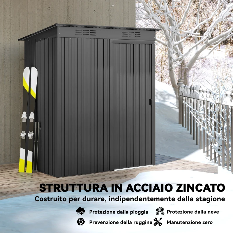 Outsunny Casetta da Giardino in Metallo con Prese d'Aria e Porta Scorrevole, 159x106x181 cm, Grigio Scuro