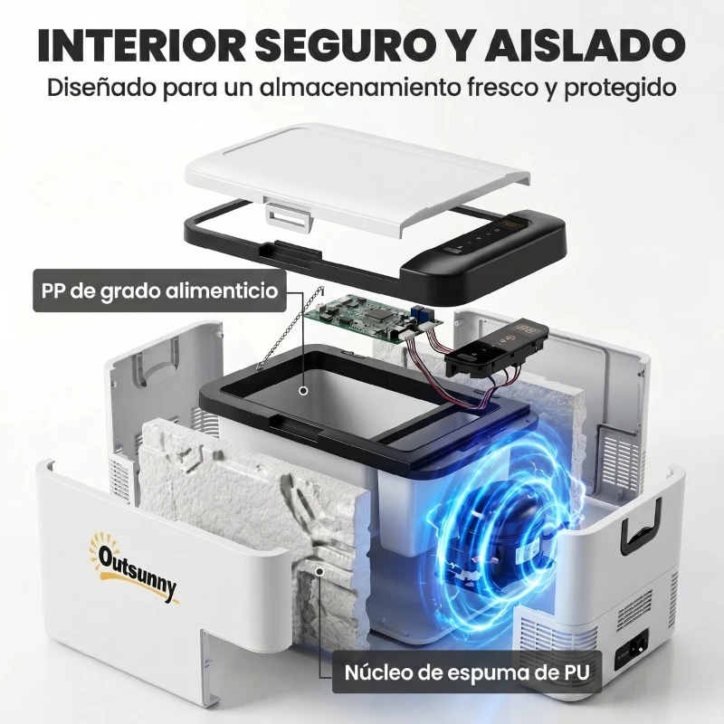 Outsunny Nevera Portátil Eléctrica 18L 12/24V hasta -20℃ Nevera y Congelador de Compresor para Coche con Doble Zona Luz LED Asas Plegables Bajo Consumo Energético para Camping 58,5x33,5x29,2 cm Blanco