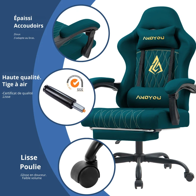 Chaise gaming avec repose-pieds, coussin doux pour la nuque et les lombaires, coussins de soutien amovibles, 60x60x122 cm, Bleu marine
