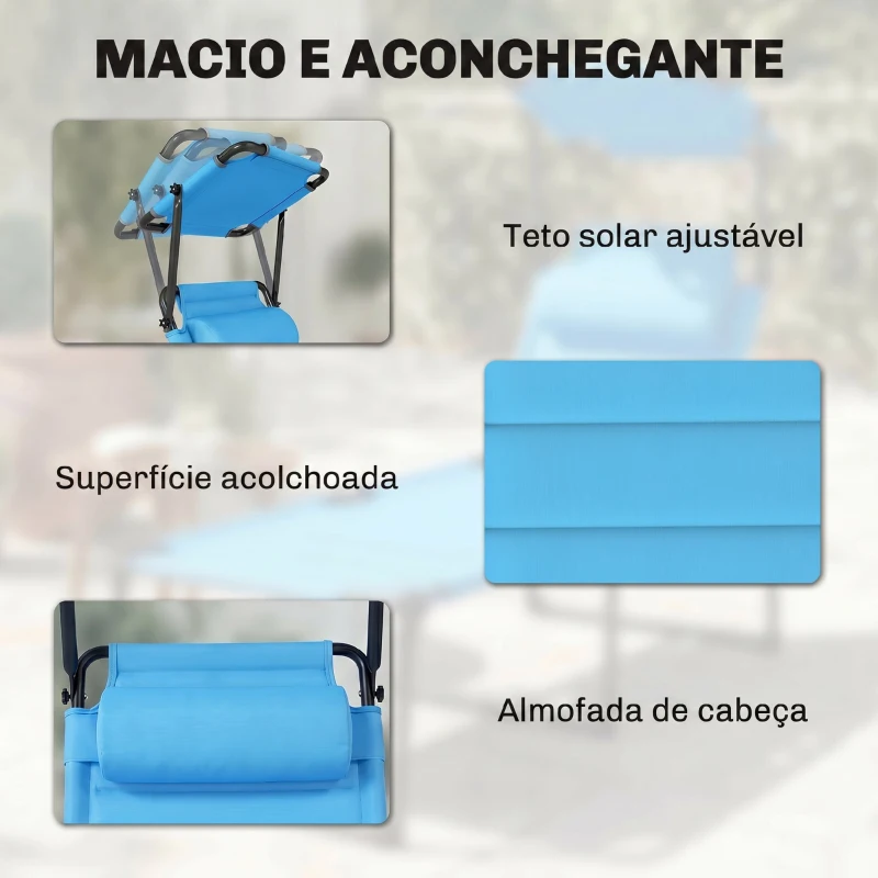 Outsunny Espreguiçadeira de Jardim com Toldo Ajustável Encosto Regulável em 4 Níveis Apoio de Cabeça para Terraço 70x200x45 cm Azul Claro