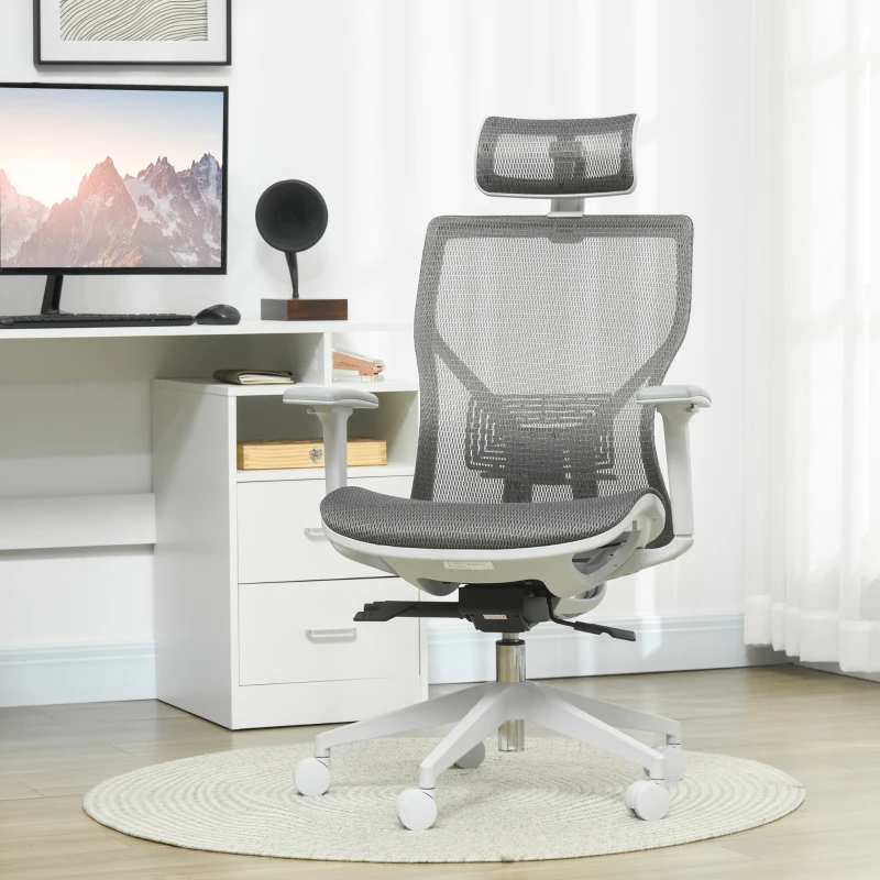 Vinsetto Silla de Oficina Giratoria Silla de Escritorio Ajustable en Altura con Reposabrazos Reposacabezas 67x65x120-128 cm Gris