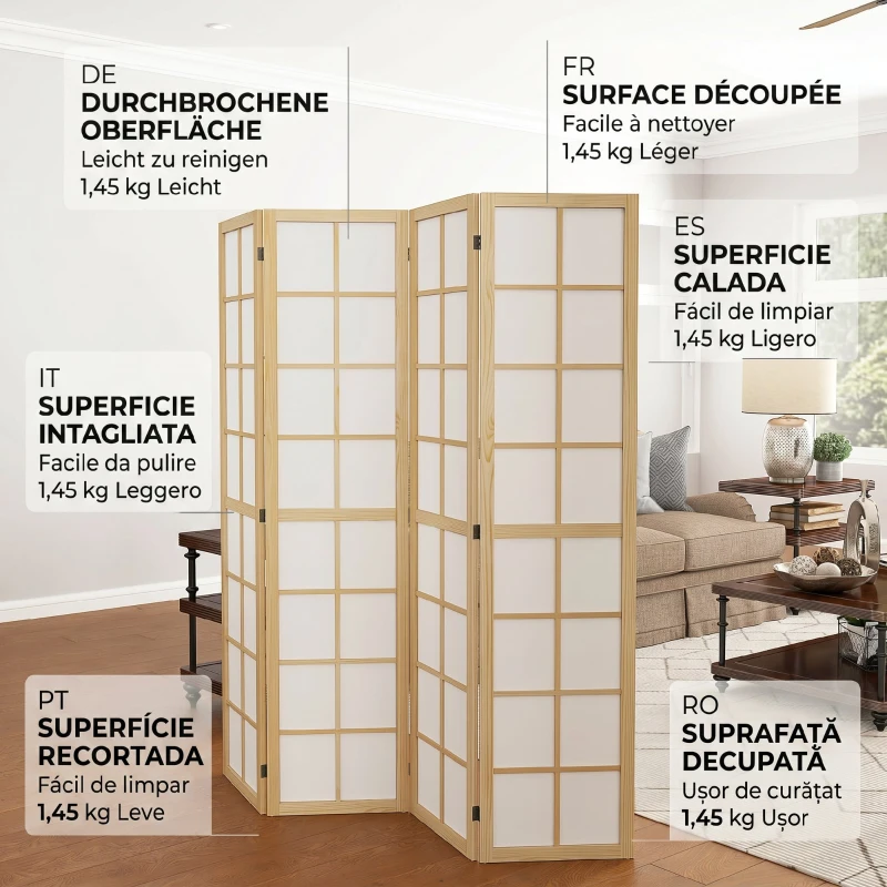 HOMCOM Paravan de interior cu 4 panouri pliabil din lemn și țesătură, 160x170 cm, culoare lemn și alb