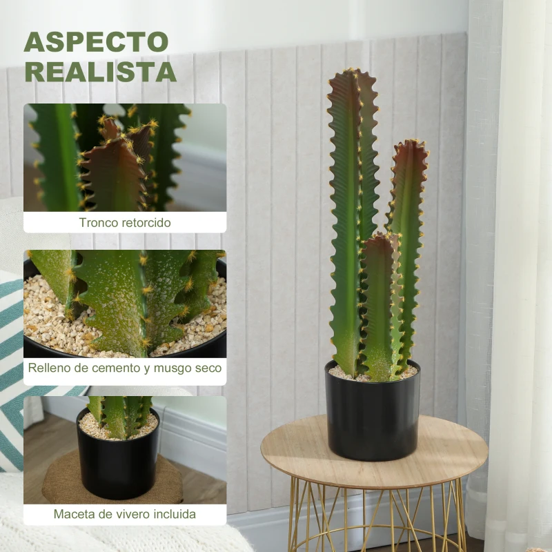 HOMCOM Cactus Artificial 66 cm Planta Artificial Decorativa con Maceta y 3 Hojas para Decoración del Interior Verde