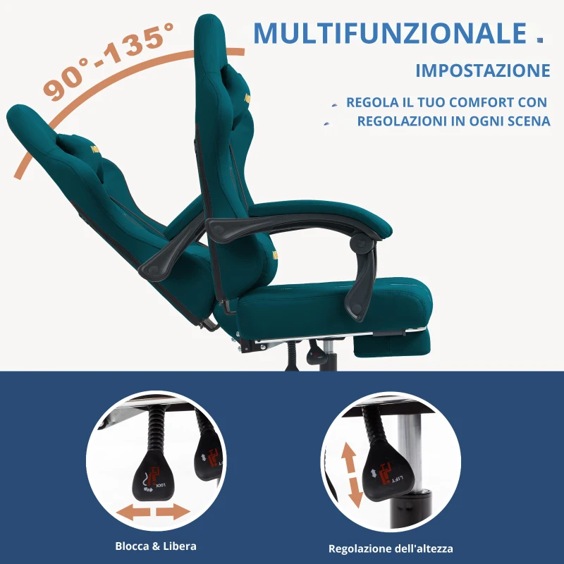 Sedia da gaming con poggiapiedi, morbido cuscino per collo e zona lombare, cuscini di supporto rimovibili, 60x60x122 cm, Blu marino