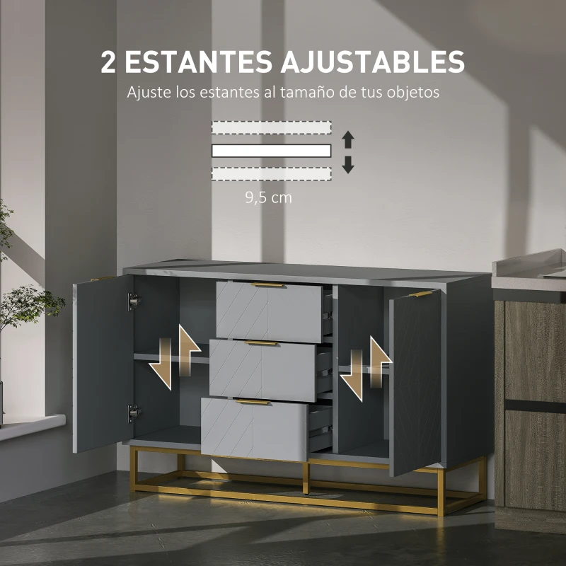HOMCOM Aparador para Salón con 3 Cajones 2 Puertas y Estante Ajustable Mueble Auxiliar para Salón Antivuelco 120x40x76 cm Gris