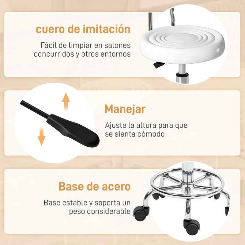 HOMCOM Taburete Giratorio con Respaldo y Ruedas Silla Ajustable para Salón de Belleza Estudio de Tatuajes 32x40x70-86cm Blanco
