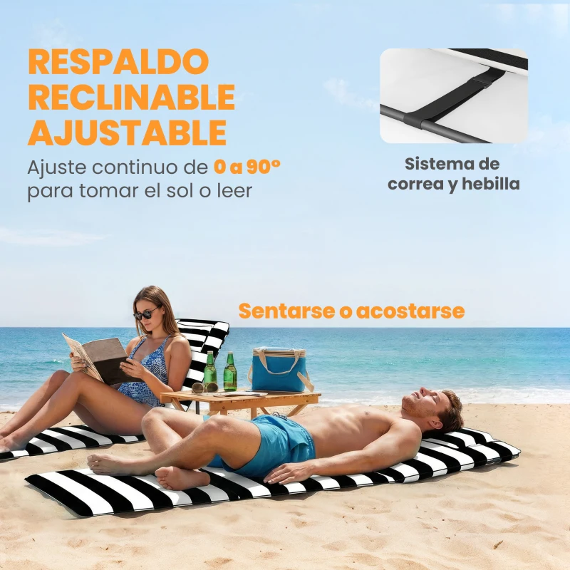 Outsunny Conjunto de 2 Esterillas de Playa Plegable con Respaldo Ajustable Reposacabezas Acolchado 146x50x2 cm Gris y Blanco