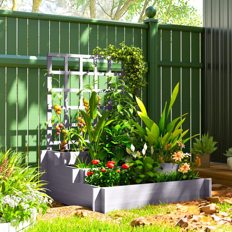 Outsunny 3 Tier Garden Planters with Trellis for Vine Climbing, Wooden Raised Beds, 95x95x110cm, Grey